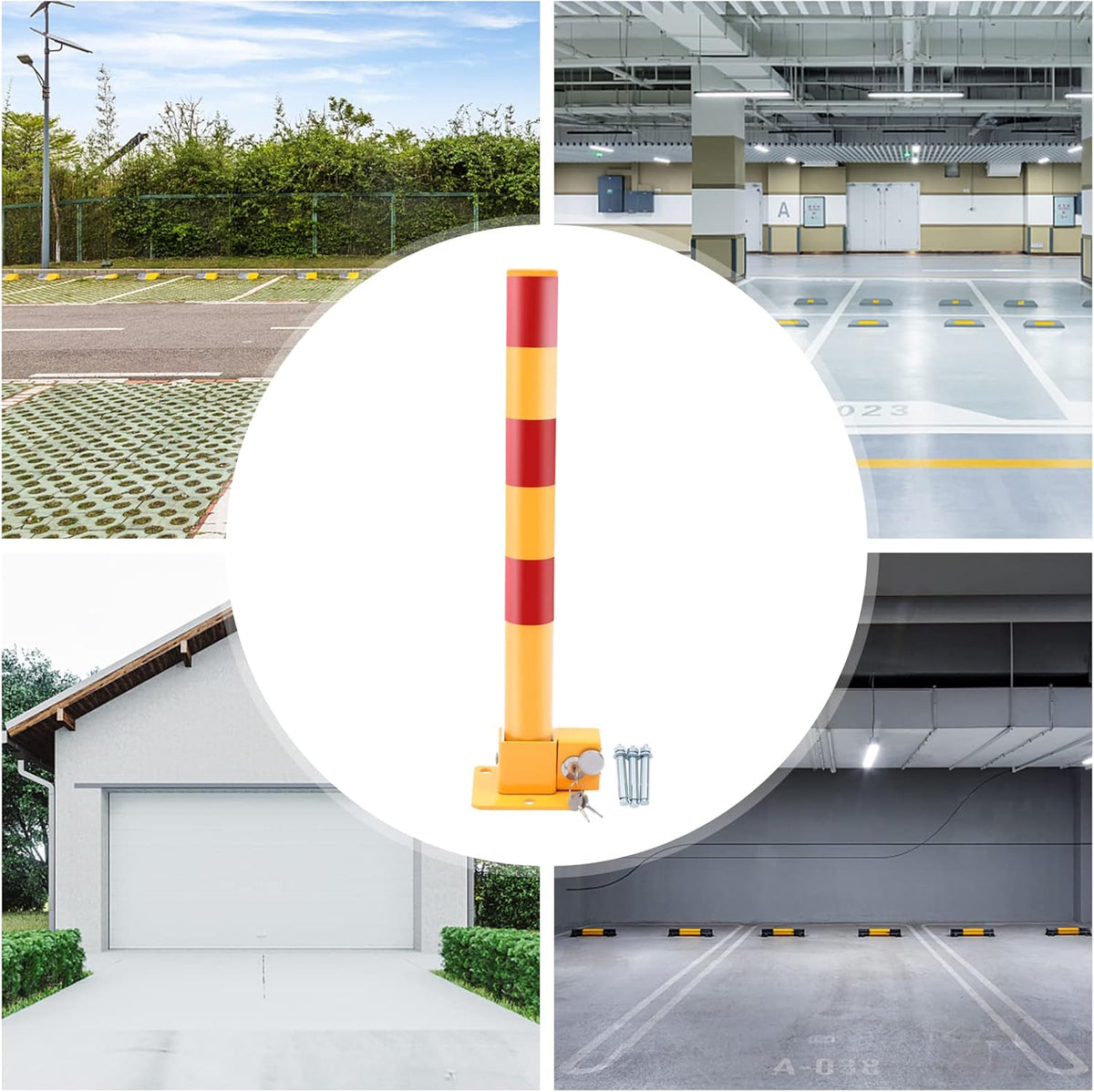 Parking Post and Base With Lock, Parking Barrier Post Parking Blocker Driveway Blocker 23.6 Inch Parking Lock Personal Garage Driveway Barrier Safety Parking Barrier Traffic Pole, Yellow + Red