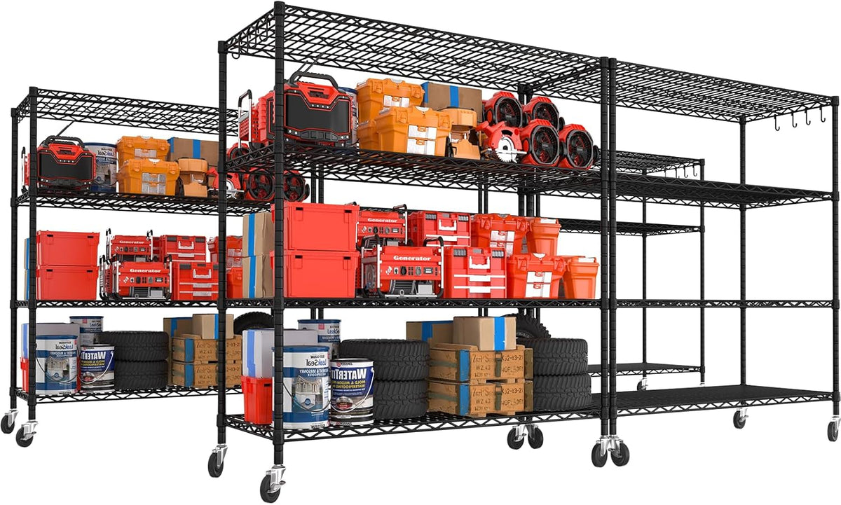 PrimeZone 5 Packs 55.5" W x 24" D x 80" H Heavy Duty Wire Storage Shelves with Wheels, 4 Tier Adjustable NSF Certified Garage Shelving Unit, Rolling Metal Organizer Shelf Rack for Warehouse, Pantry