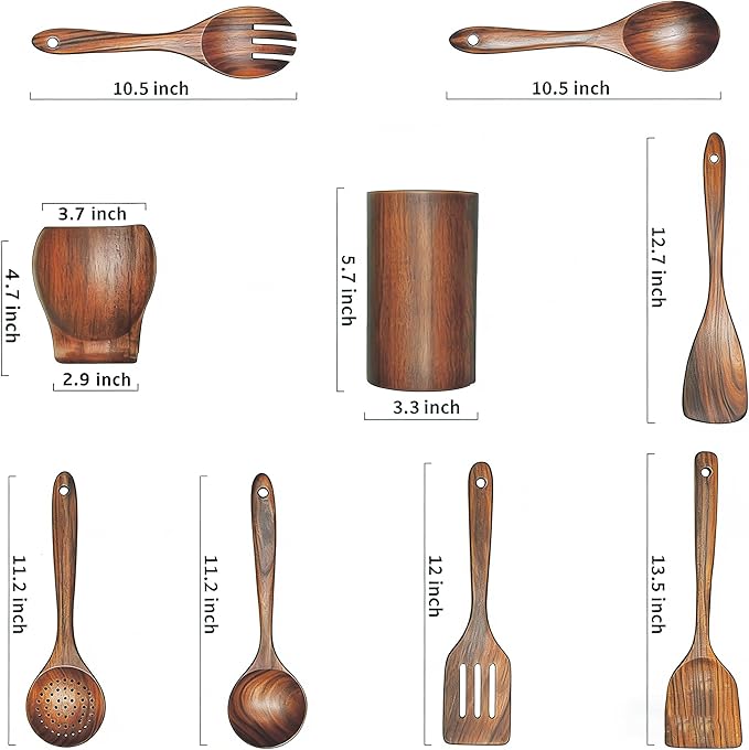 Wooden Spoons for Cooking,9 Pcs Teak Kitchen Utensil Set Wooden Cooking Utensils Wooden Spatula for Cooking