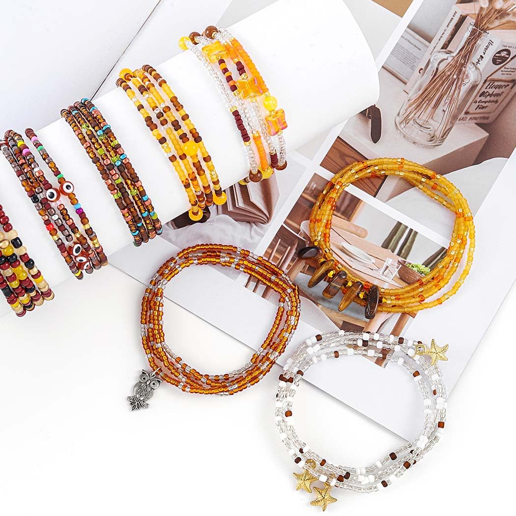 ELABEST 24-39inch African Waist Beads for Women 8Pcs Elastic Belly Beads Colorful Beaded Waist Jewelry Accessories Body Chain (Brown, 47.2inch/120cm)
