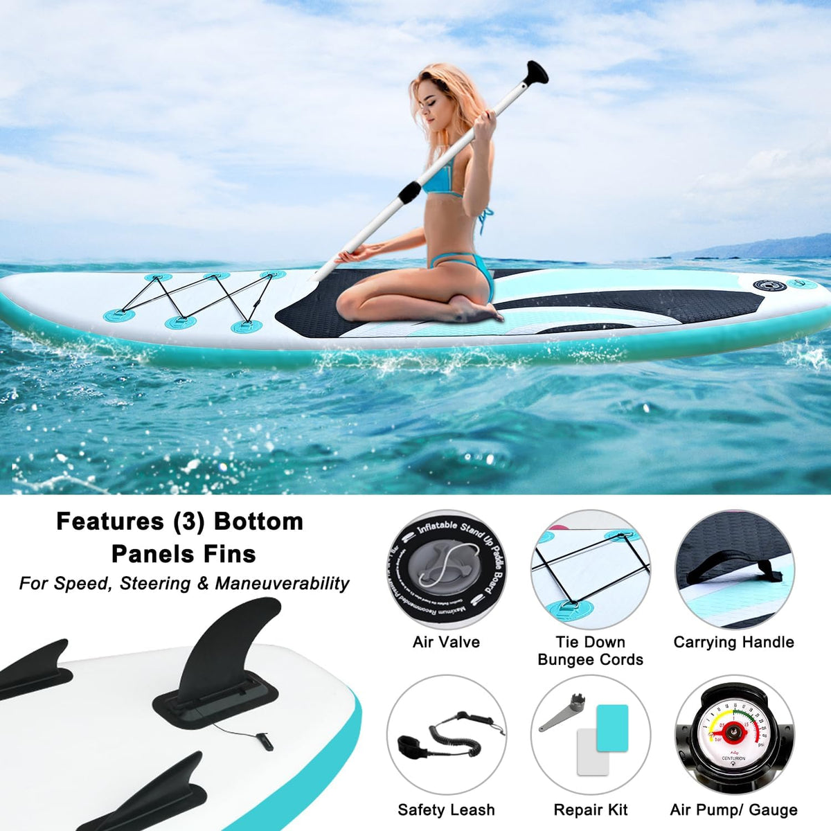 Inflatable Stand Up Paddle Board 10‘x30‘‘- Ultra-Light SUP with Backpack, Pump, Paddle, Coil Leash, 3 Fins, Repair Kit, Stable Design, Non-Slip EVA Deck for Adults & Youth