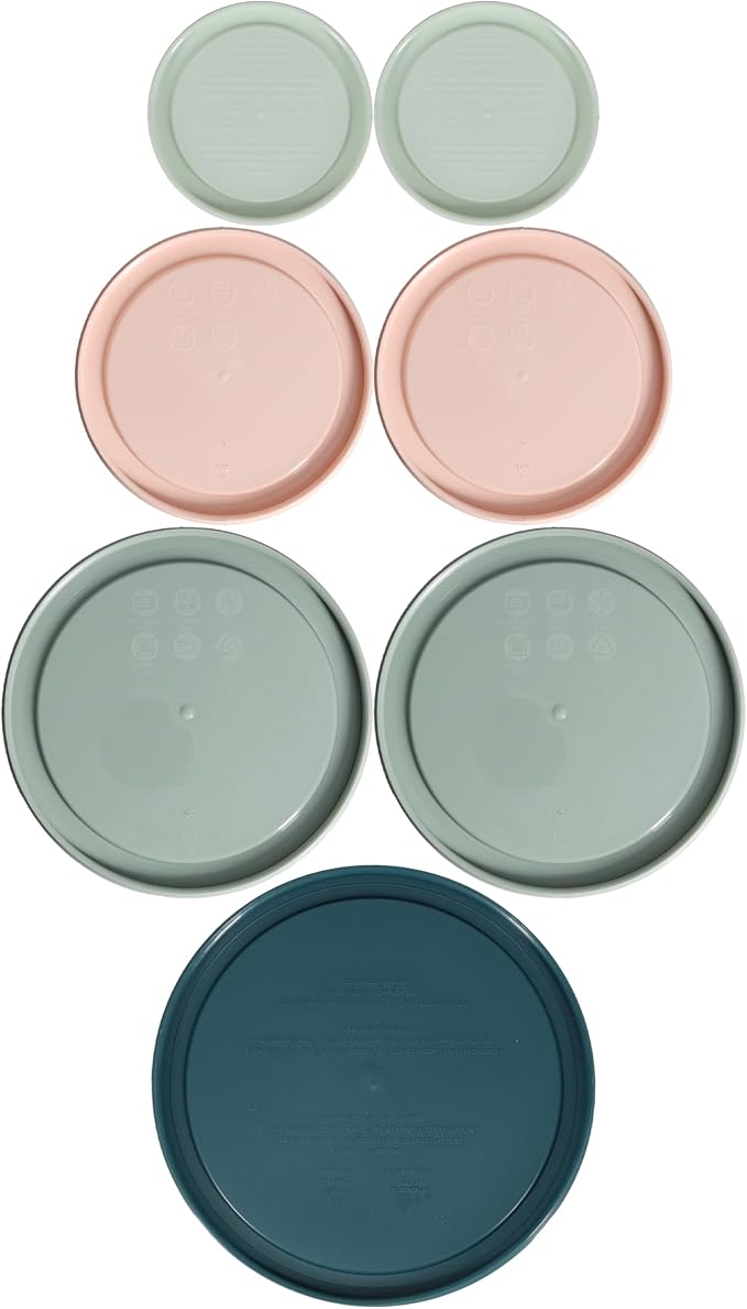 Pyrex (2) 7202-PC 1 Cup White Mint, (2) 7200-PC 2 Cup Rosewater Pink, (2) 7201-PC 4 Cup Tranquil Green, (1) 7402-PC 6/7 Cup Tarragon Green Food Storage Replacement Lids – Made in the USA