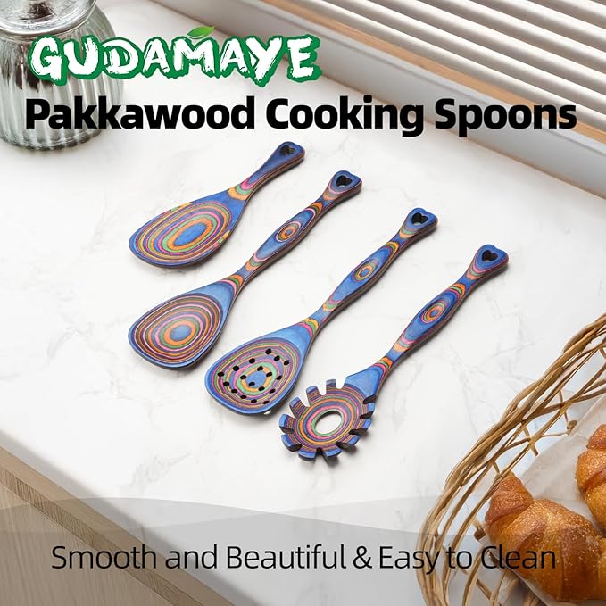 Gudamaye Pakkawood Wooden Cooking Utensils Set 7-Piece-Wooden Spoons for cooking, Wooden Utensil set with Ergonomic Non-Slip Handles, Heat-Resistant & Stylish Cooking Spoons, Non-Stick Spoon
