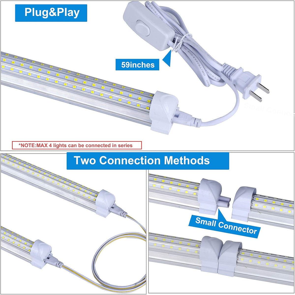 (6-Pack) 4FT LED Shop Light, 72W 6000K Cold White 9500LM Super Bright T8 Integrated LED Tube, 4 Rows Linkable Shop Lights, T8 LED Tube Lights, 4 LED Shop Lights for Garage 4 Foot with Plug