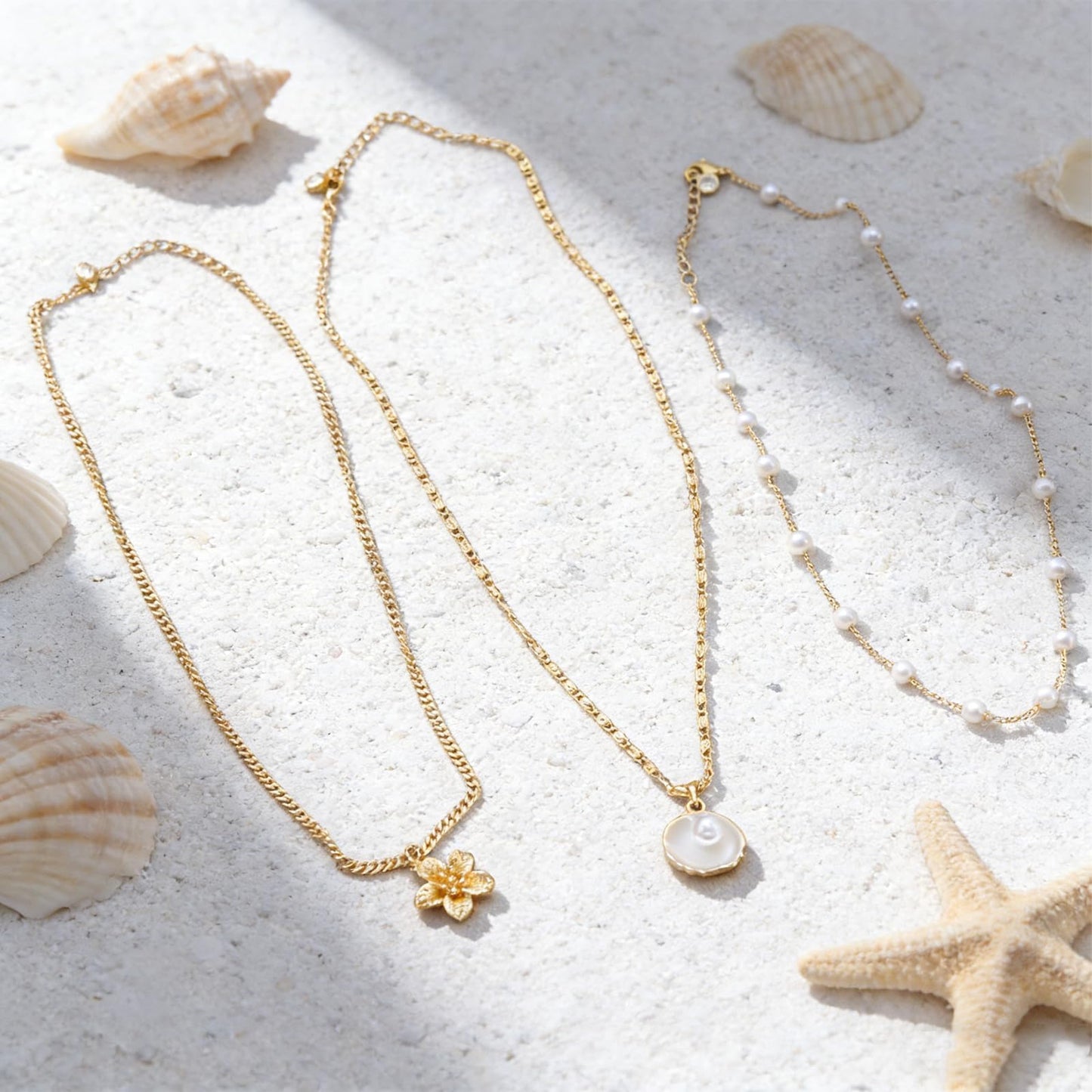 KummerSaprk Seashell Necklace Summer Vacation Jewelry for Women Gold Beachy Necklace Stack Starfish Flower Cowrie Sea Shell Pendant Necklaces Summer Essentials Accessories Gifts