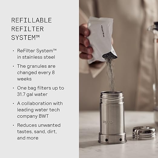 Aarke Purifier Large Glass Pitcher Bundle w/Steel Filter, BPA-Free, 3 Enriched + 1 Pure Granules, 2.8L Pitcher with 1.66L Filtration Capacity