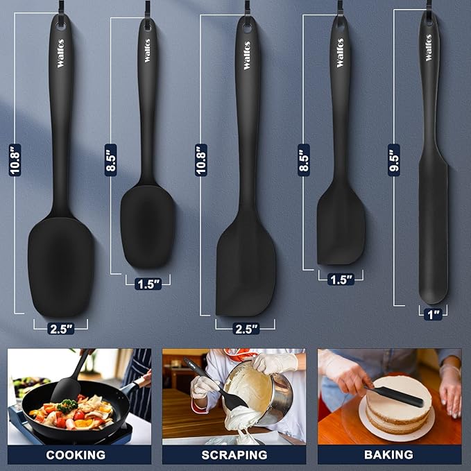 Walfos Silicone Spatula Set of 5 - (600°F) High Heat Resistant Kitchen Scraper Spatulas, One-Pieces Seamless Design, Perfect for Cooking Mixing & Baking - BPA Free and Dishwasher Safe,black