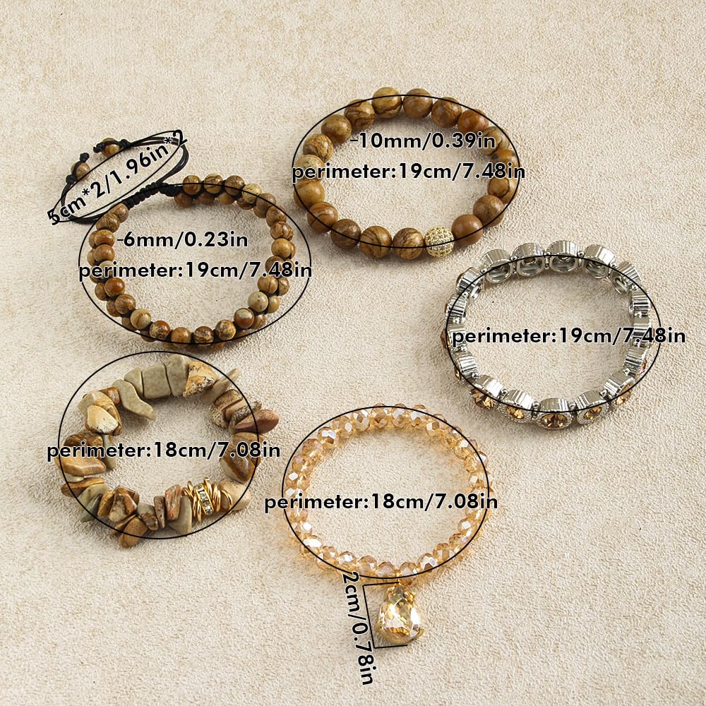 Yomisa Boho Beaded Bracelets for Women,Multilayer Wrap 5PCS Healing Natural Jasper Stone Bead Bracelets Handmade Stackable Friendship Stretchy Beaded Bracelet Set Trendy Bohemian Jewelry Gift Women