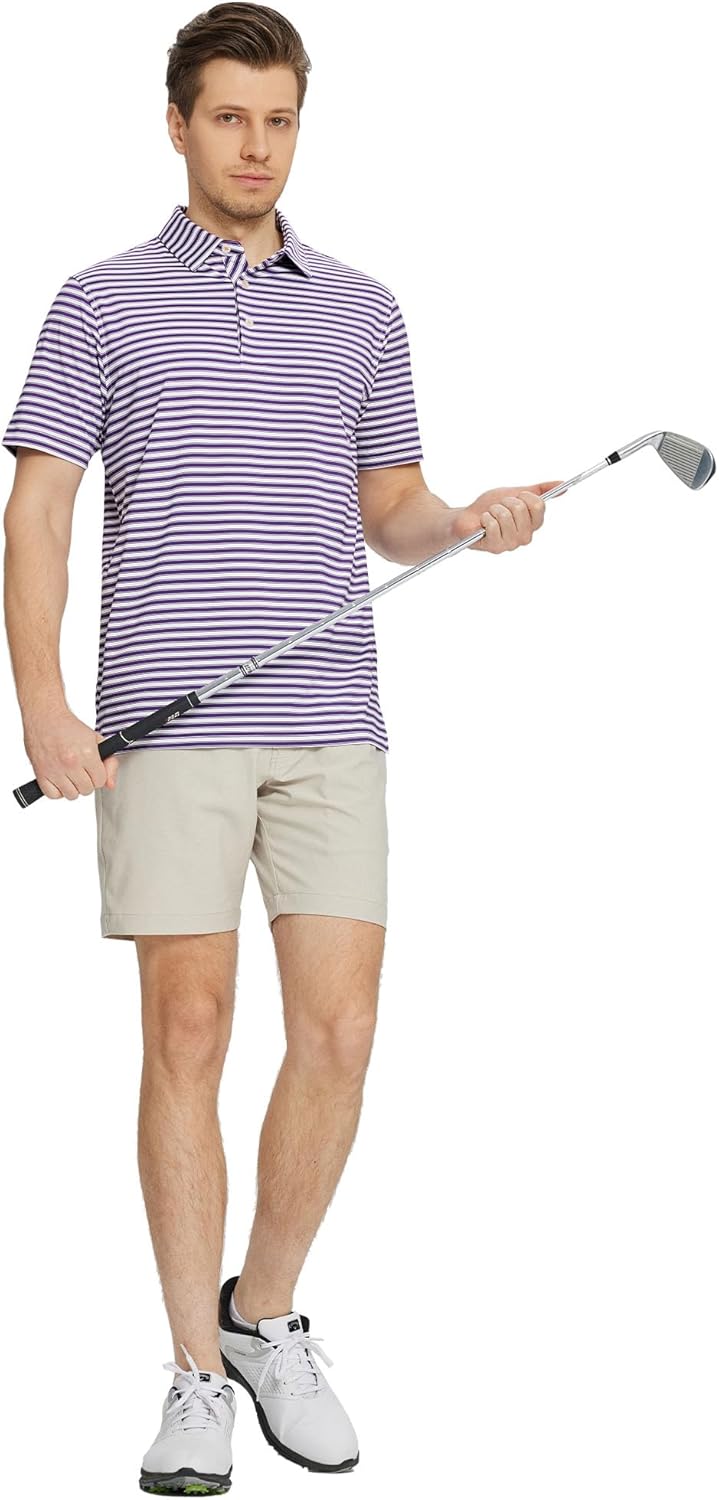 M MAELREG Golf Shirts for Men Short Sleeve Dry Fit Casual Striped Performance Moisture Wicking Collared Mens Polo Shirts