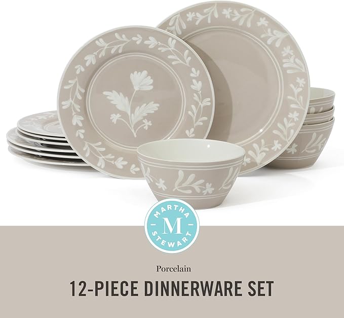 Martha Stewart Maiden Crown 12-Piece Taupe Dinnerware Set – Vegan Bone China Ceramic Plates & Bowls – Floral Design – Service for 4 – Dishwasher & Microwave Safe
