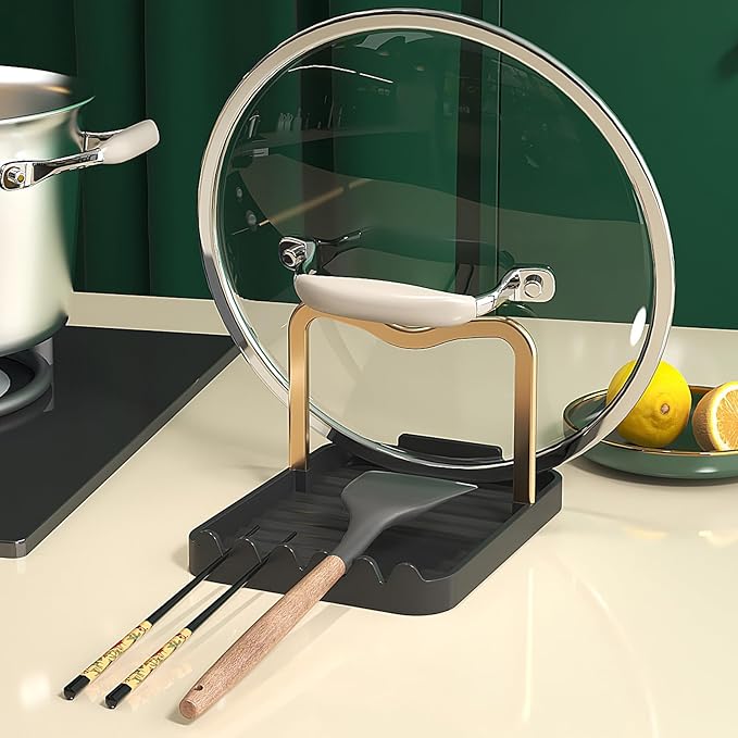 Stainless Steel Pot Lid Holder-Kitchen Organizer & Utensil Storage Rack with Detachable Drain Tray, Non-Slip Anti-Rust Countertop Space Saver for Spoons, Spatulas,Ladles,Tongs (Black Gold)