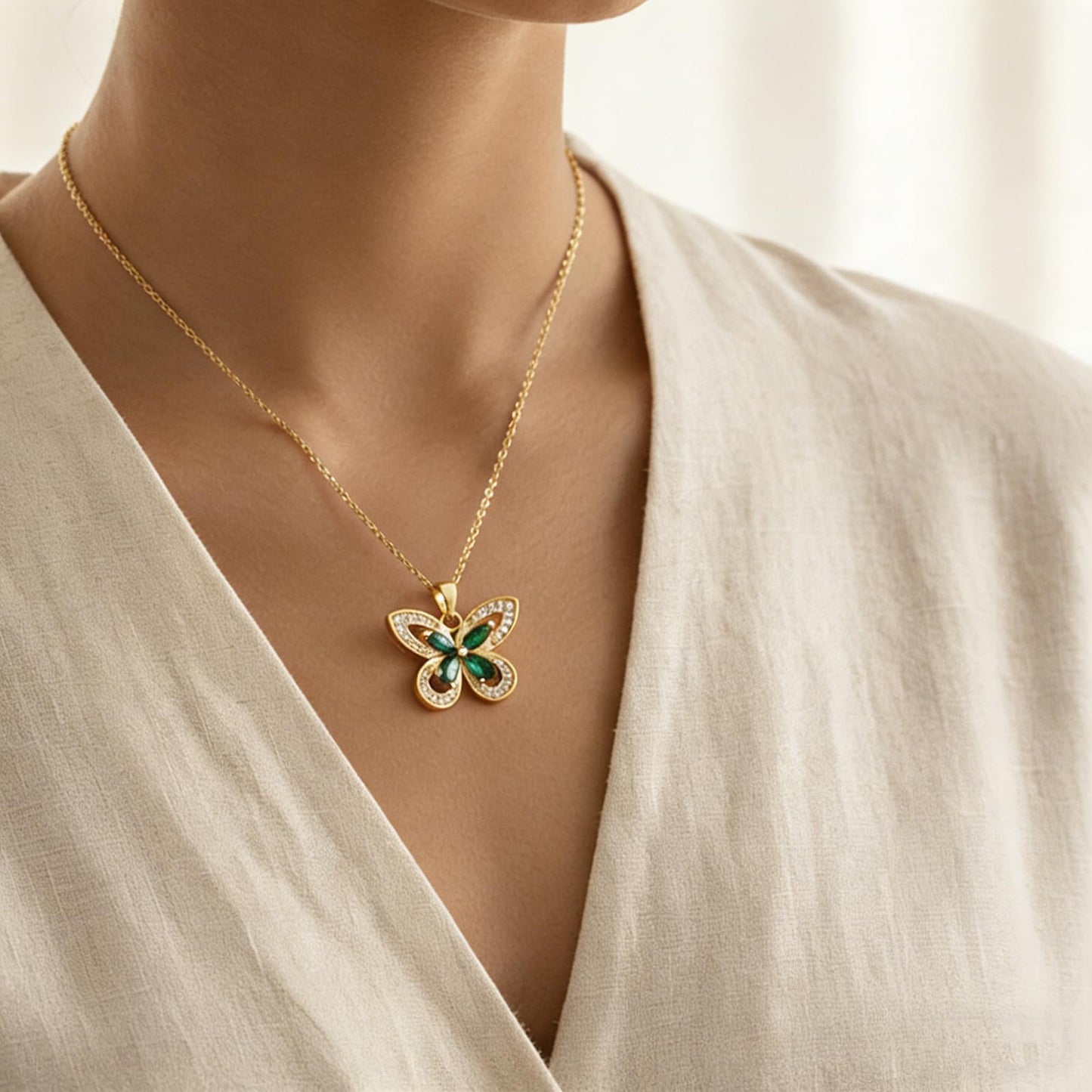 crataly Emerald Butterfly Necklace For Women-Gold Plated May Birthstone Necklace For Valentine's Day Mother's Day Christams Birthday Gifts