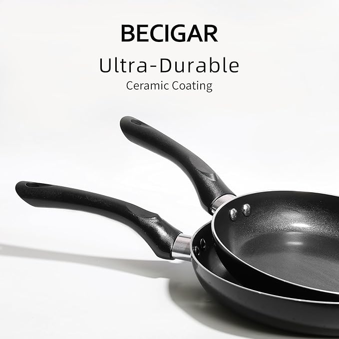 BECIGAR 8pcs Black Ceramic Pots and Pans Set, Cooking Pan Set,Cooking Pot Set Ceramic Pan Set, Nonstick Cookware Set, Induction Safe Kitchen Cooking Set with Frying Pans, Saucepans, shovel and Ladle