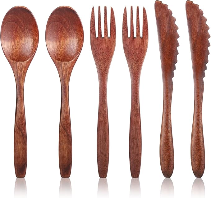 6 Pcs Wooden Utensils for Eating, Wooden Spoon Fork Cutlery Set Kitchen Wood Dinner Flatware Tableware Reusable Wood Spoon, Wooden Forks,Wooden Scraper for Travel and Camping
