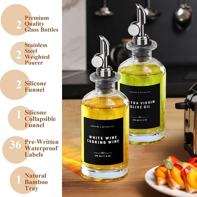 Olive Oil Dispenser Bottle with Bamboo Tray, GIXSEGIE Oil and Vinegar Dispenser Set w.Metal Pour Spout, Coffee Syrup Dispenser, Olive Oil Cruet Cooking Oil Dispenser, Oil Container Bottles for Kitchen