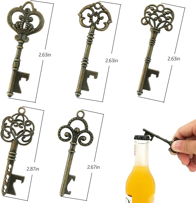 WODEGIFT 50pcs Bottle Opener,Wedding Favors Vintage Skeleton Key Bottle Opener,Key Bottle Openers with Escort Tag Cards and Key Chains Wedding Gifts for Guest（Bronze,5 styles）