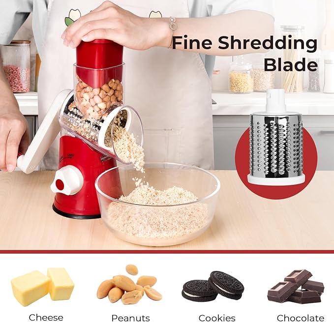 X Home Rotary Cheese Grater for Kitchen, Shredder with 3 Interchangeable Blades, Rotary Grater with Handle and Strong Suction Base, for Vegetables, Fruit, Nuts, Easy to Use and Clean, Red