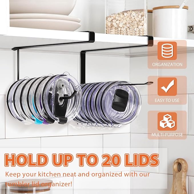 2 Pack Tumbler Lid Organizer, Horizontal Tumbler Lid Storage Hook Up to 20 Lids, Space Saving Cup Lid Holder Under Cabinet Tumbler Lid Hook for Kitchen Organizer, Paper Towel Hanger(Round&Flat, Black)