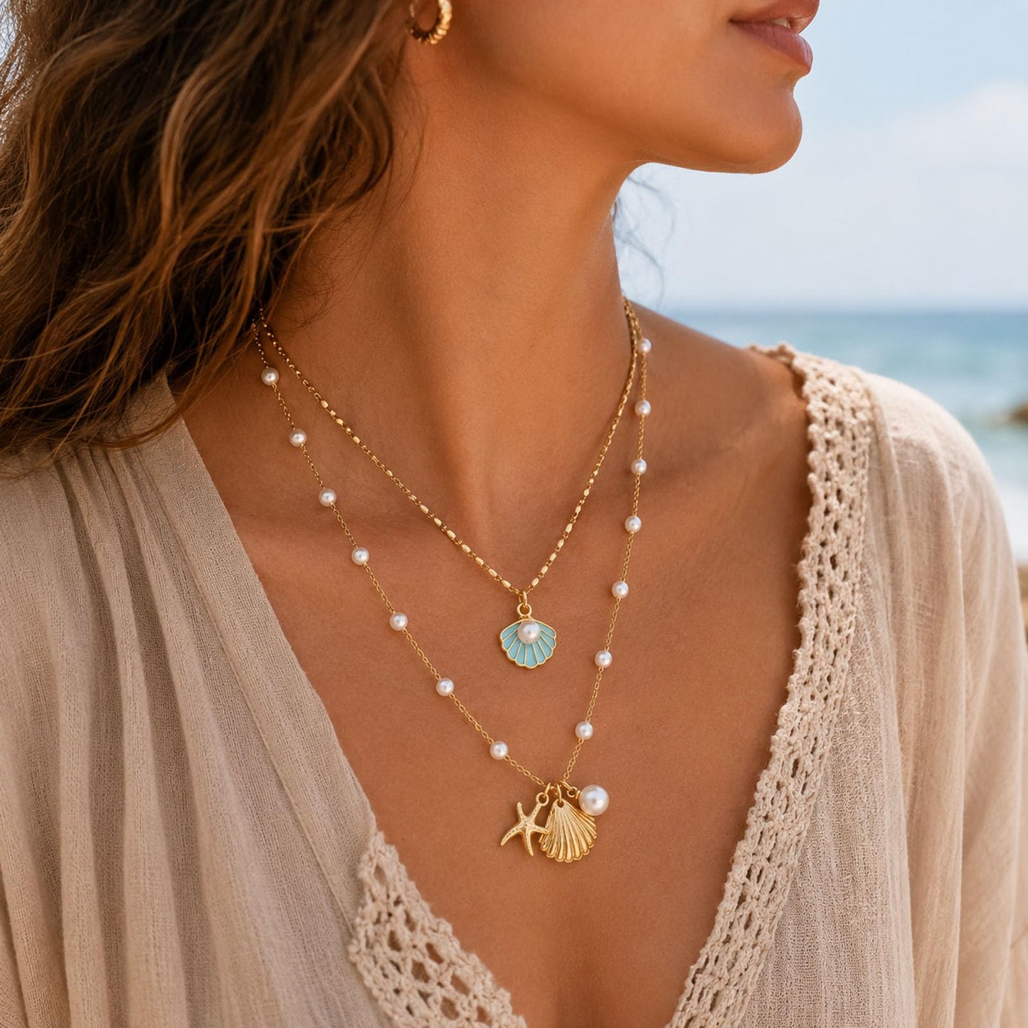 Gold Starfish Shell Necklace for Women Boho Layered Seashell Conch Shell Pearl Pendant Necklaces Set Bohemain Starfish Beach Necklaces Stack Beachy Summer Jewelry Outfits Accessories