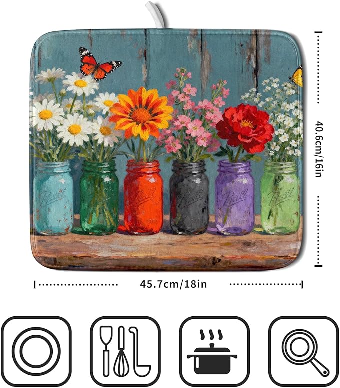 Small Dish Drying Mat for Kitchen Counter 16x18, Spring Summer Floral Decorative Absorbent Reversible Microfiber Kitchen Countertop Protector Dishes Drainer Pad