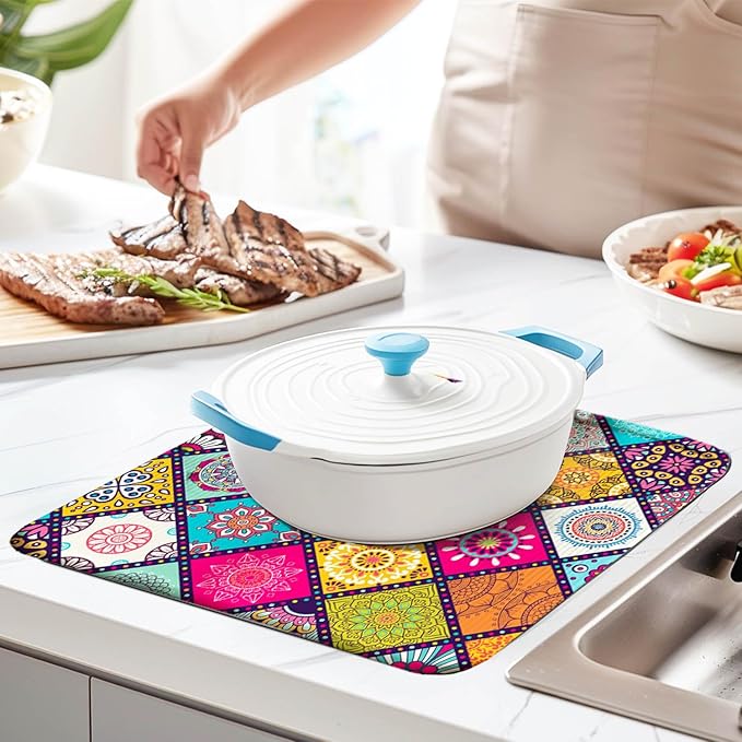 Boho Drying Mat 16" X 18" Abstract Plaid Kitchen Counter Stone Large Dish Drying Mats For Kitchen Colorful Drying Mats For Home Counter Flower Drying Mats For Dishes Dish Table Mat Drying Kitchen Mat