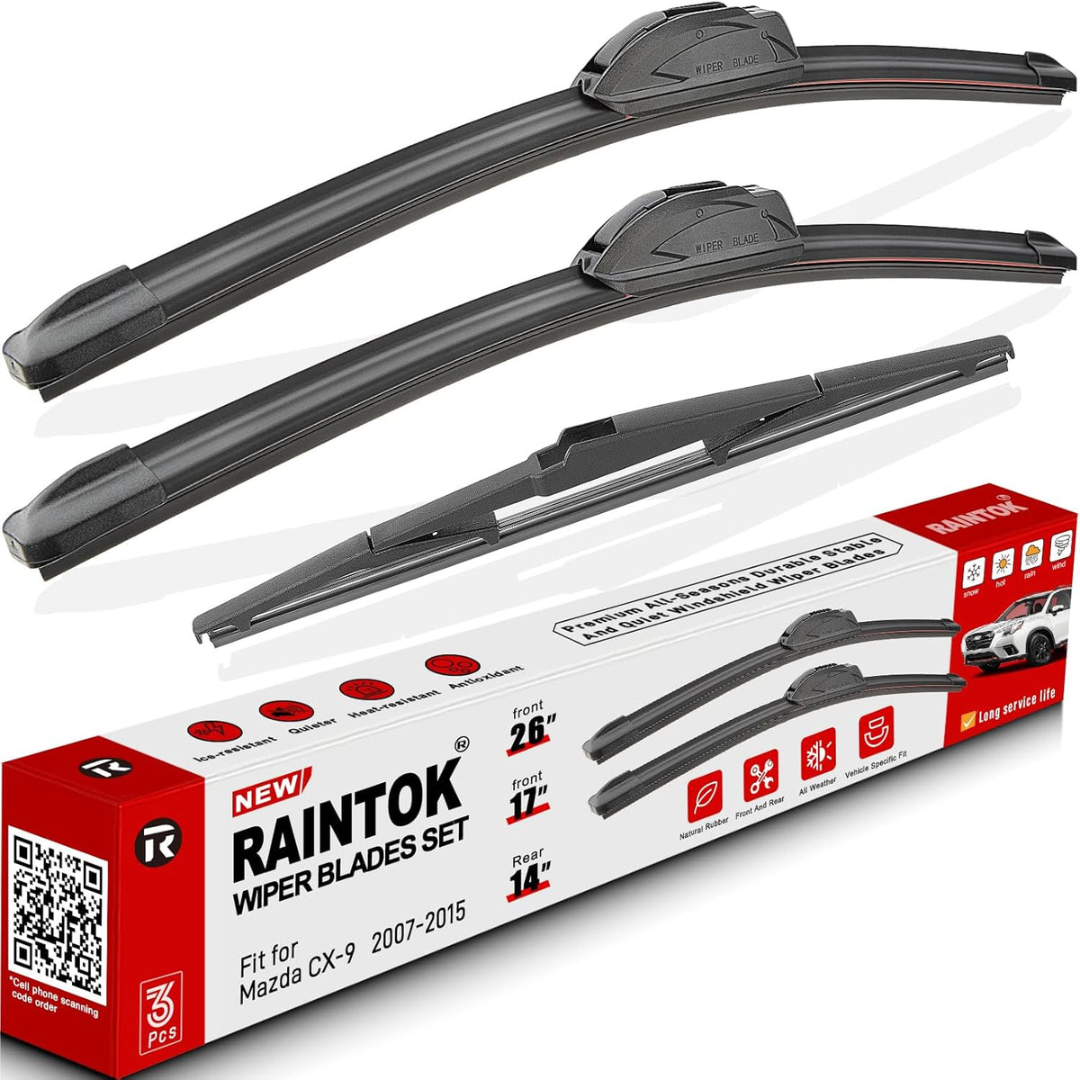 Windshield Wiper Blades Replacement for 2007-2015 Mazda CX9 CX-9 Original Factory Quality Front Rear Wipers Blade Set for My Car - 26" 17" 14" (Pack of 3)