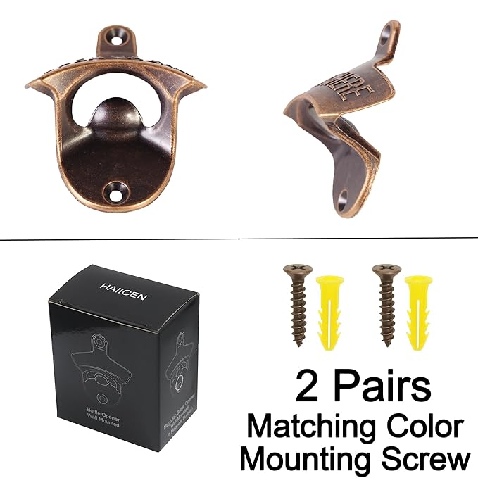 Vintage Copper Bottle Cap Opener Wall Mount, Retro Beer Bottle Opener with Screws for Homes Kitchen (Pack of 2)
