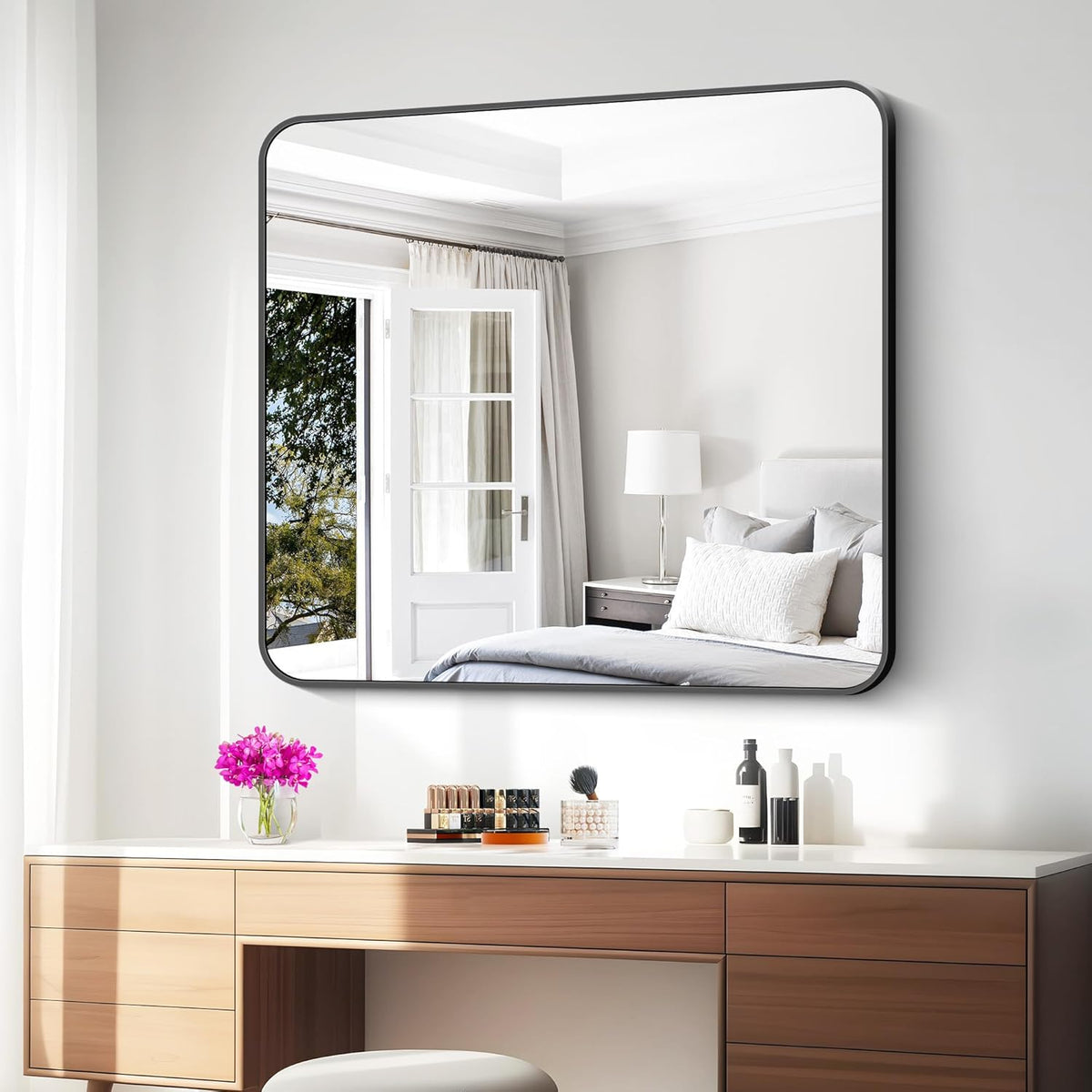 36x40 inch Bathroom Mirror,Black Rectangle Mirror,Wall Mounted Bathroom Frame Vanity Mirror with Round Corner for Bedroom Living Room,Entryway Hangs Horizontal or Vertical