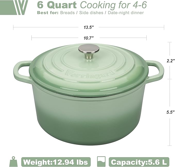VORRINGARD Enameled Cast Iron Dutch Oven Pot with Lid, for Sourdough Bread Baking, Round Dutch Ovens, 6 Quart, Green