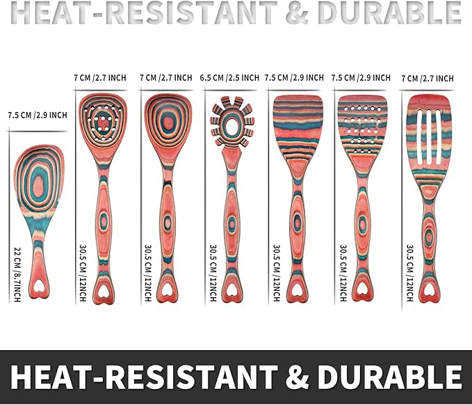 Gudamaye Pakkawood 7-Piece Wooden Cooking Utensils, Wooden Spoons for cooking, Wooden Utensil set, Pinkish-Orange Pakkawood Cooking Spoons, Non-Stick Spoon, Pakkawood kitchen utensils