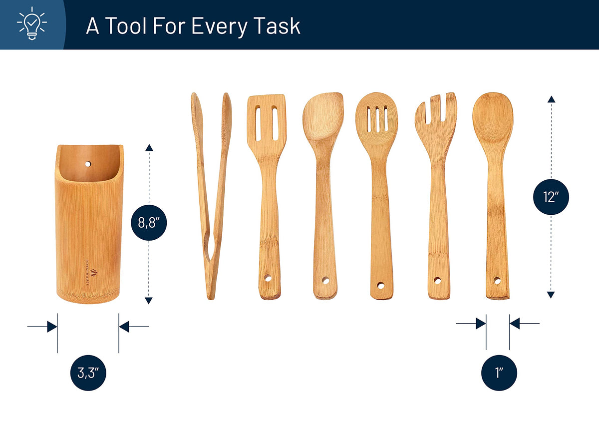 RoyalHouse Wooden Kitchen Utensils Set, 7 Piece Bamboo Cooking Tools and Holder Cooking Spoons and Spatulas, Kitchen Tools, Wood Tool Utensil Sets for Nonstick Pan and Cookware