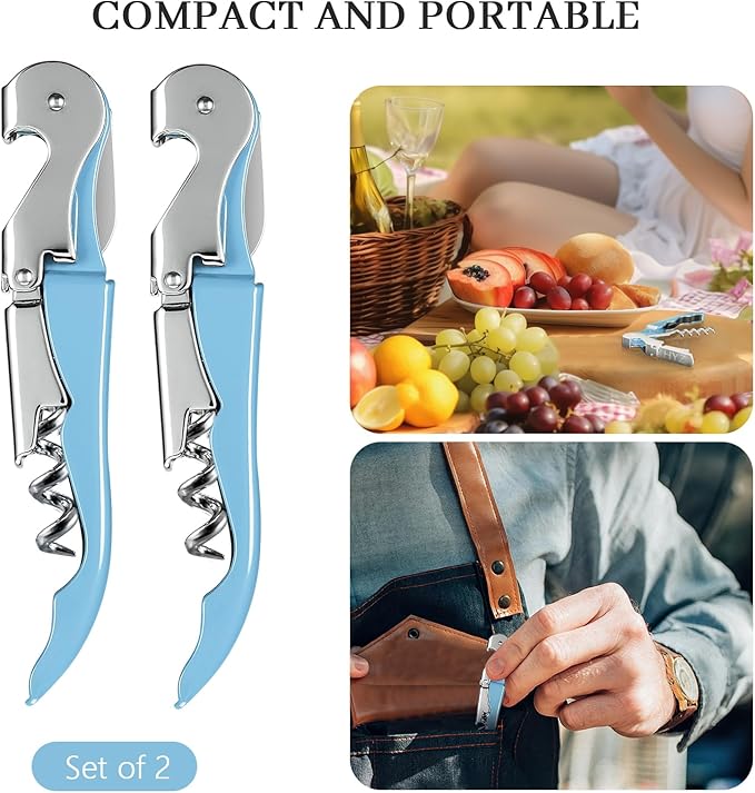 HYZ 2-Pack Wine Opener Waiter Corkscrew, Professional Wine Key for Servers, Bartender with Foil Cutter, Manual Wine Bottle Opener Double Hinged (Sky Blue)