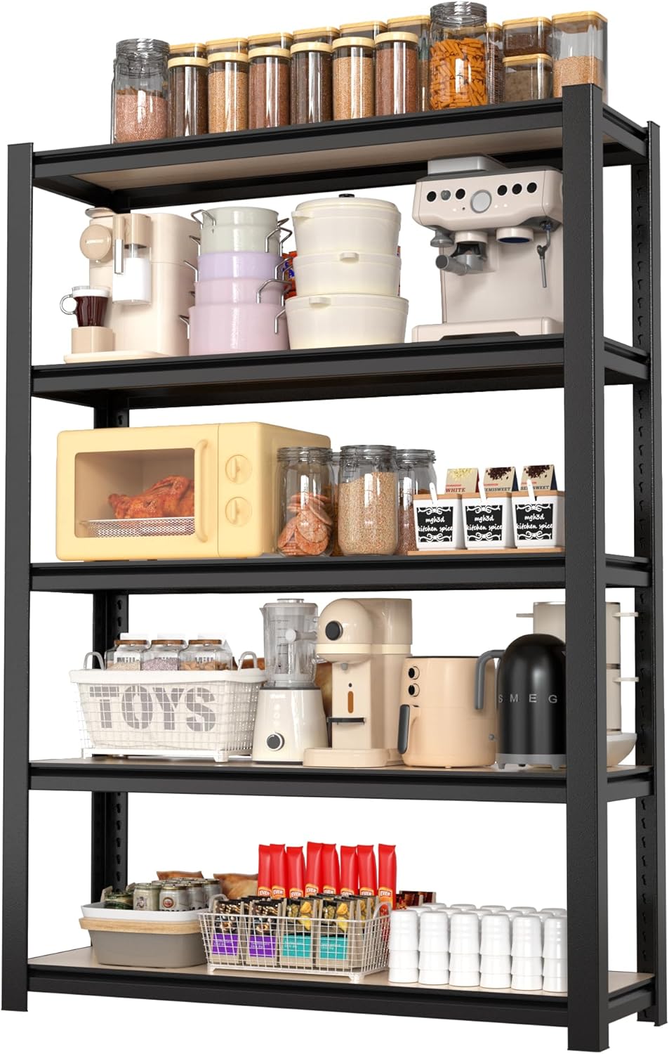 WORKPRO House 3000lbs 5-Tier Shelving Unit, 72" H Adjustable Storage Shelves, Boltless Book Shelf, Shelf Organizer for Kitchen, Living Room, Bathroom, Wood Grain Pattern, Waterproof Board, Black
