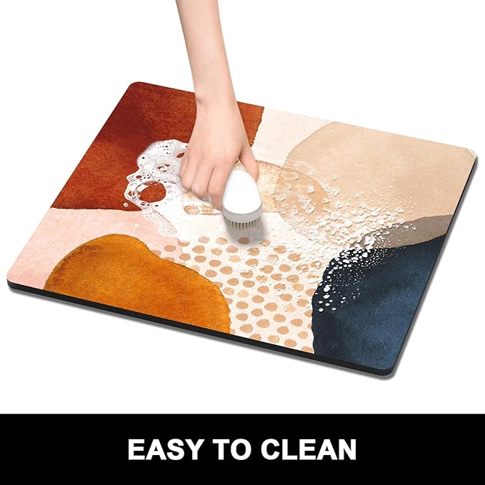 Rnivvi Dish Drying Mat for Kitchen Counter, 16 x 18" Cute Boho Theme Absorbent Heat Resistant Drying Pad with Non-slip Rubber, Coffee Bar Mats for Coffee Machine Dish Rack, Abstract Stones Art