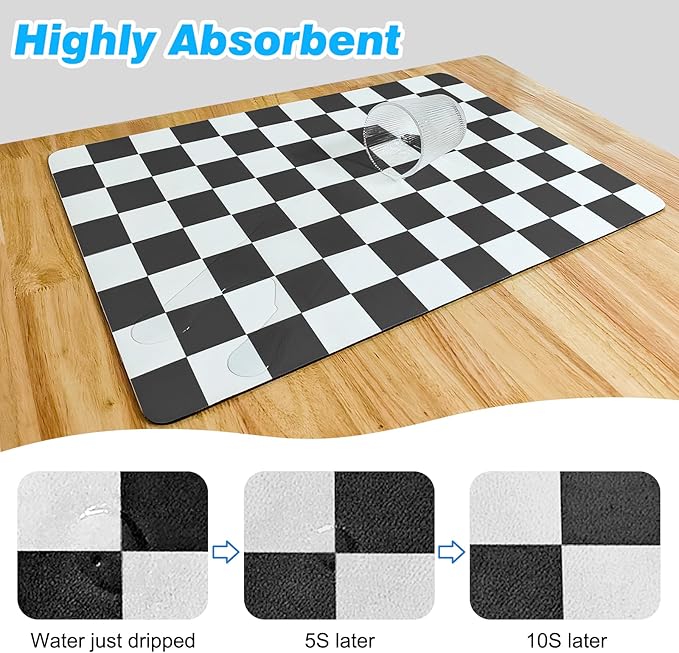 CooRug Checkered Dish Drying Mat for Kitchen Counter, Absorbent Non-Slip Coffee Mat, Heat Resistant Mat for Countertops Coffee Bar Decor 17" x 32" Black