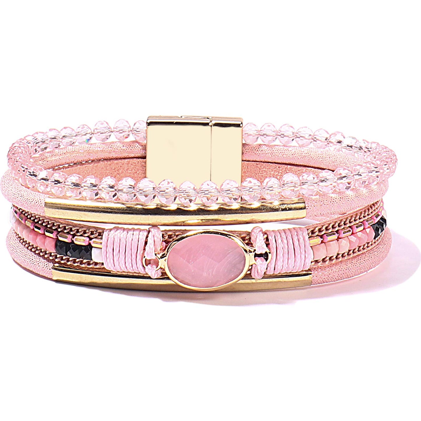 FANCY SHINY Leather Wrap Bracelets Crystal Beads Bracelet Boho Cuff Stone Charm Bracelets with Clasp Costume Jewelry for Women(Pink)