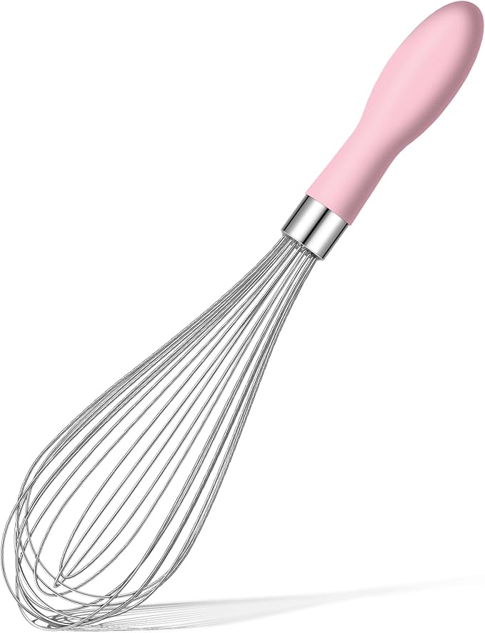 Rainspire 12-Inch Wire Whisk Stainless Steel, Balloon Whisks for Cooking, Wisk Wisking Tool With Soft Silicone Handle, Thick Durable Whisker for Blending, Beating, Whisking, Stirring, Pink