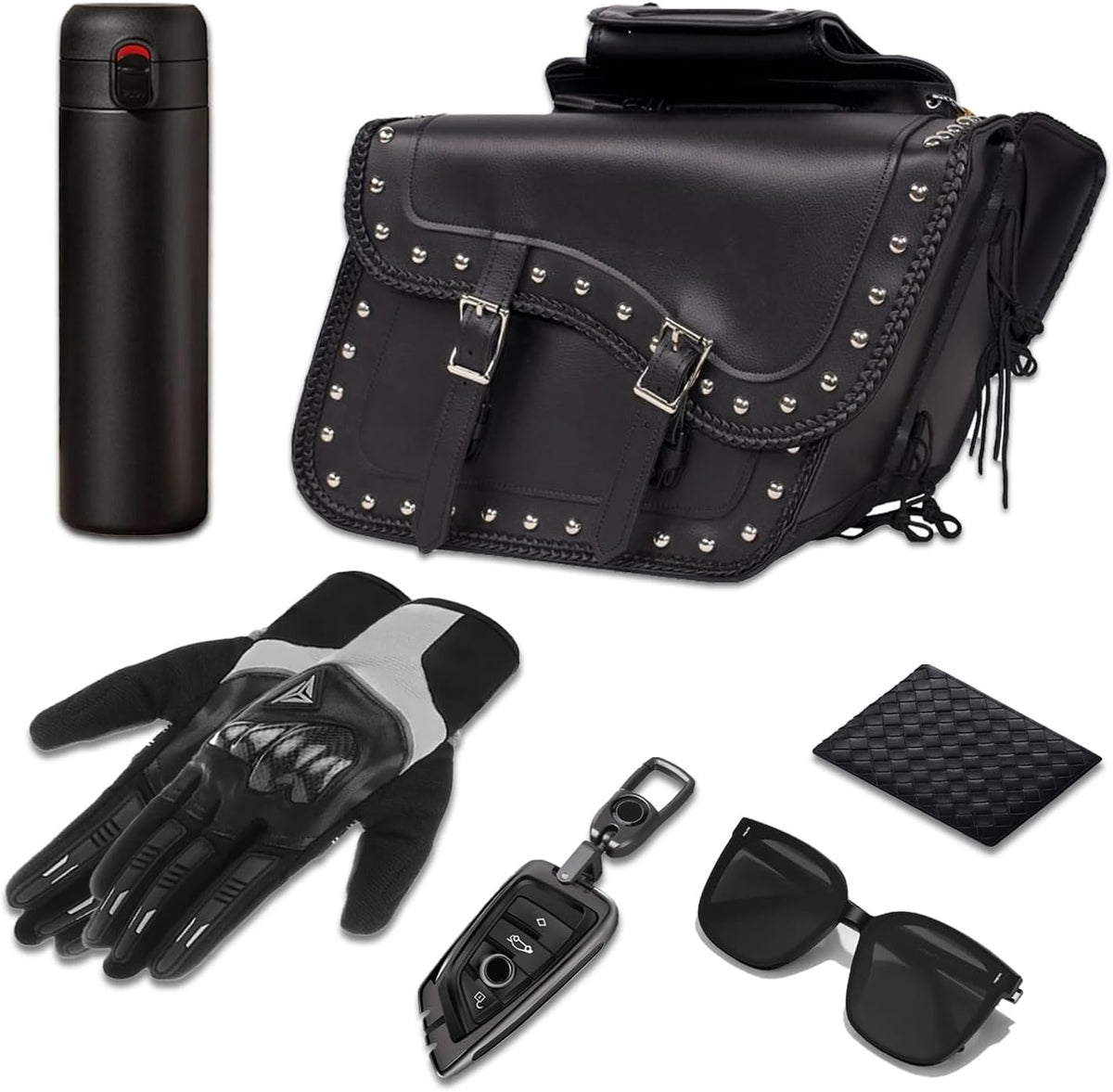 GARGOYLE BELLS Motorcycle Saddle Bags Synthetic Leather Motorcycle Luggage Bag Waterproof Throw Over Saddlebags For Softails Sportsters Choppers Dyna V-star Shadow (With Studs, Black, 16"x13"x11.5")