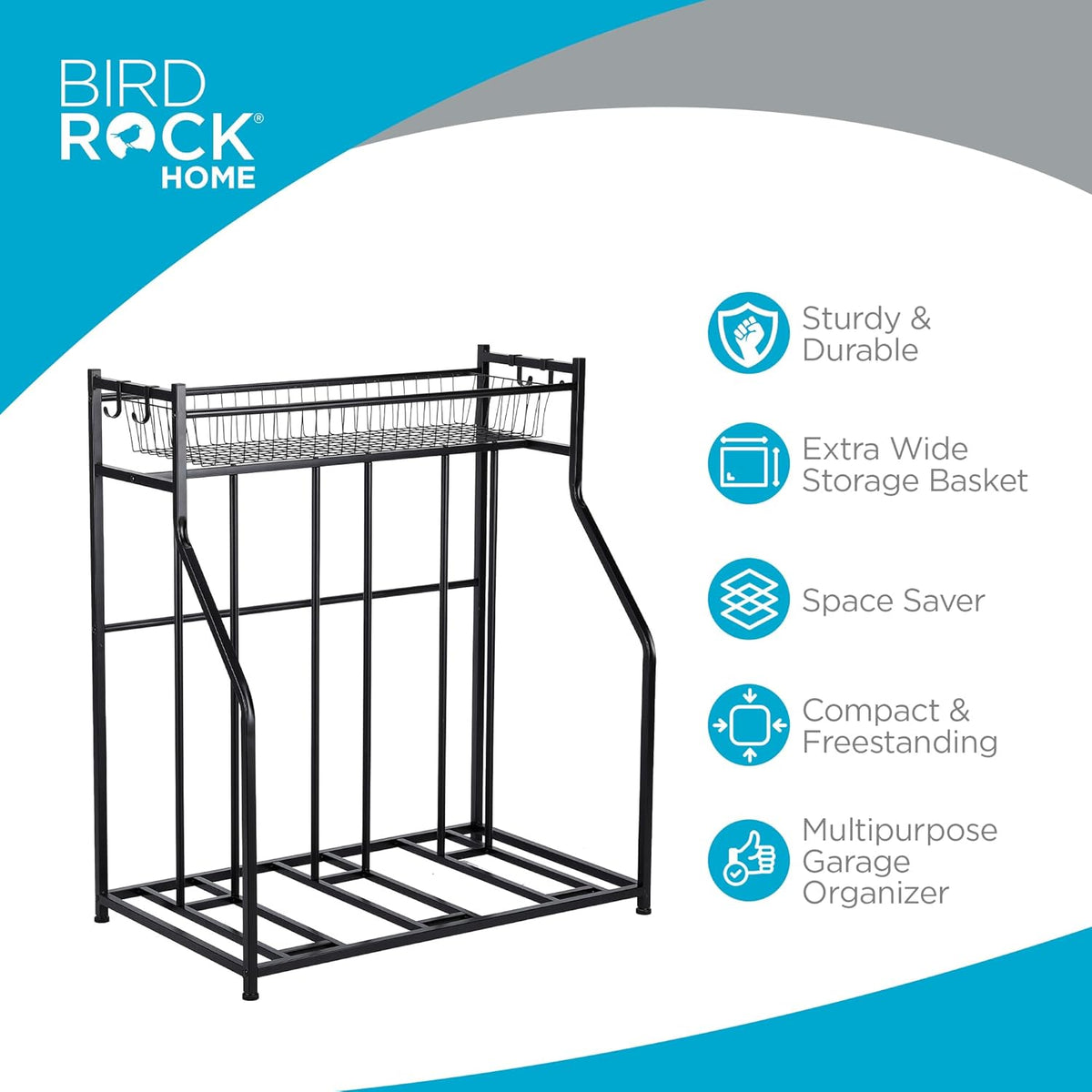 BIRDROCK HOME Bike Rack Garage Storage Floor Stand - Freestanding Organizer for Outdoor Yard - Upright Wall Mount for Scooters, Rakes, Motorcycles, Hoverboards, Gloves - Holds 3 Bicycle - Black