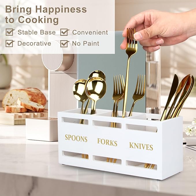 Ayiaren Wood Flatware Silverware Caddy White Cutlery Holder Kitchen Utensils Holder for Party Wooden Silverware Organizer for Countertop Knife Spoon and Fork Holder Table Utensil Caddy Organizer