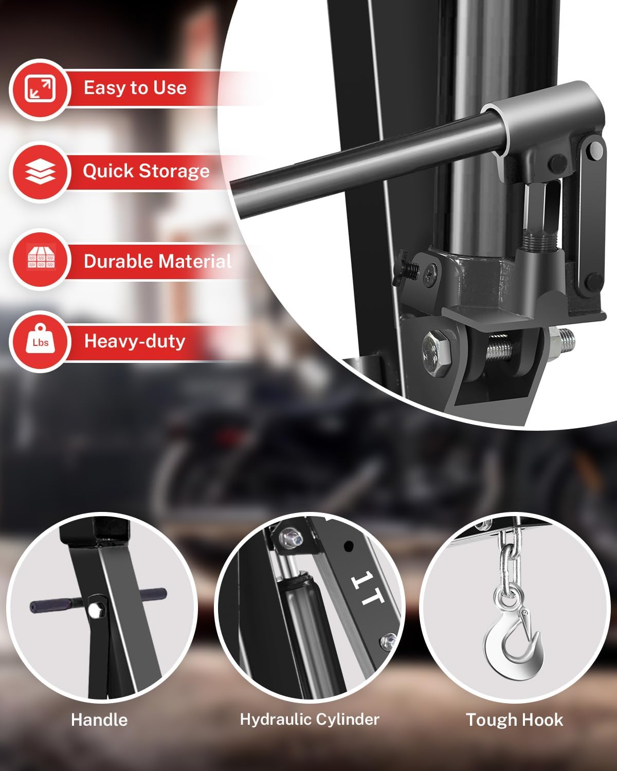 2-Ton Folding Engine Hoist with Lever, Hydraulic Shop Crane with 6 Swivel Wheels & Adjustable Boom (0.5T-2T), Heavy-Duty Cherry Picker for Garage, Workshop, Truck, Farm (Net Wt. 168 lbs)