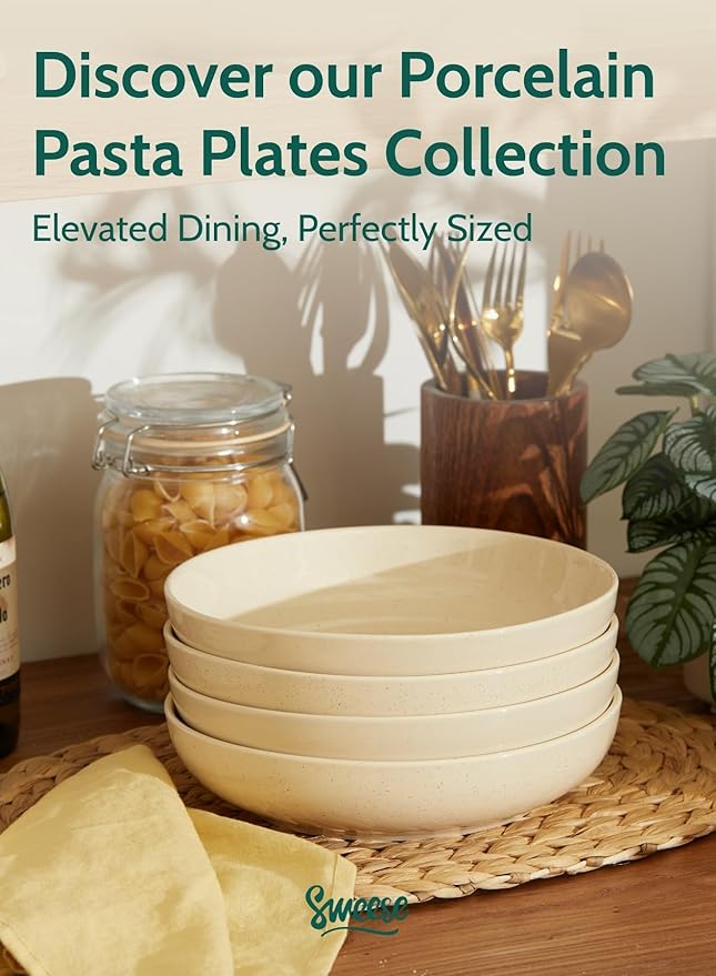 Sweese 22oz Porcelain Salad Serving Bowls Set, Microwave Dishwasher Safe, 7.6 Inch, Beige, 6-Pack