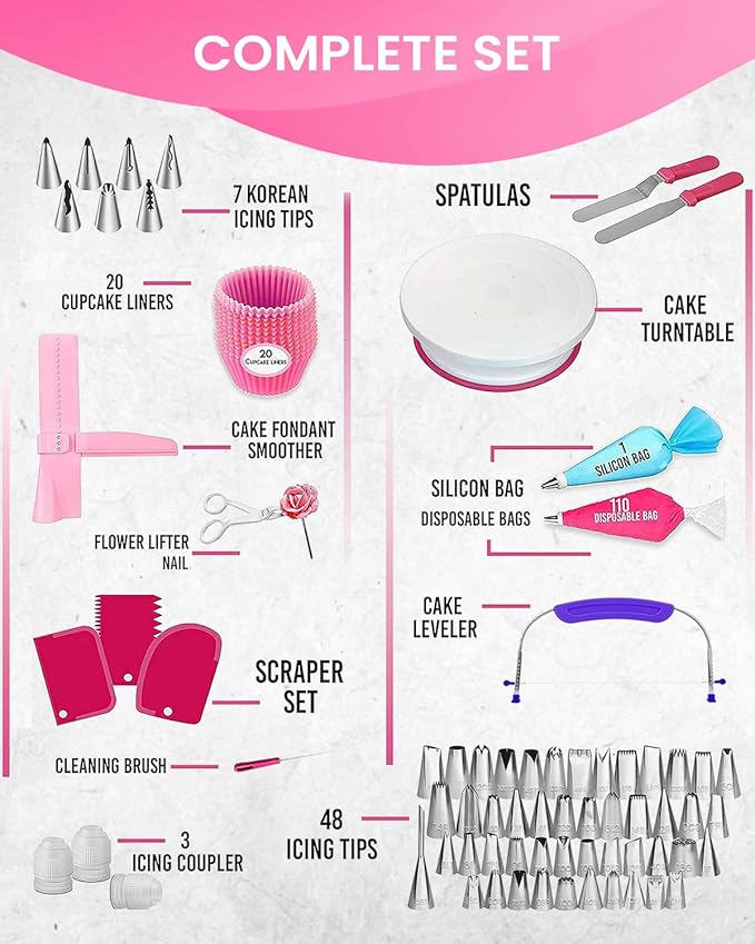 RFAQK 200PCs Cake Decorating Kit with Cake Turntable & Leveler, Baking Supplies Gift Includes 110+1 Piping Bags,55 Icing Tips,2 Frosting Spatulas, Adjustable Scraper, Video Tutorial, Booklet & more
