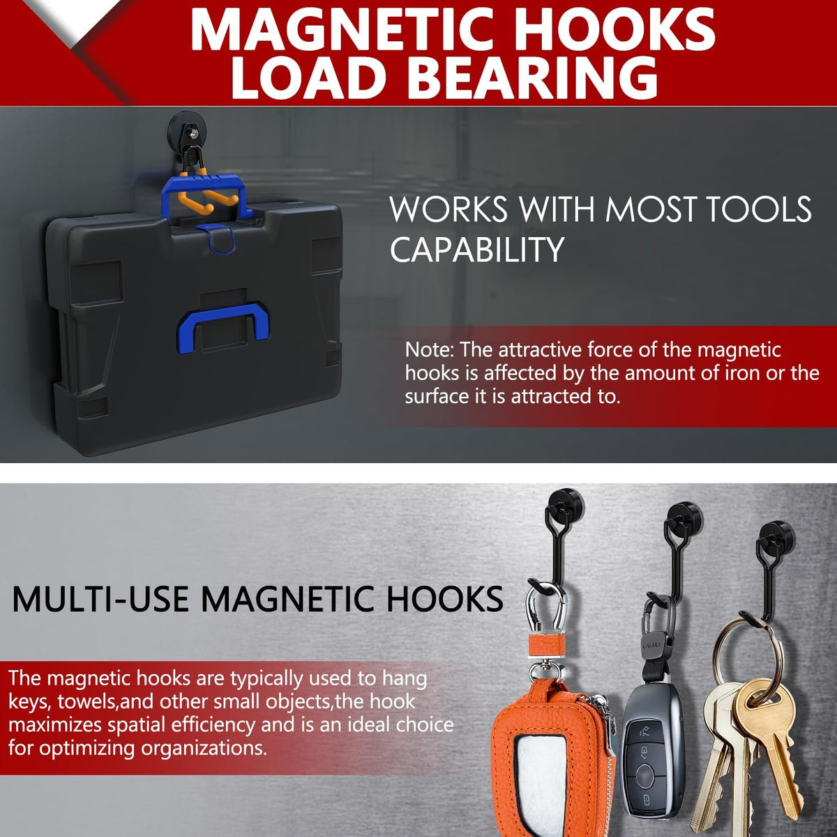 3-H Heavy Duty Magnet Garage Hooks 2 Pack, Large Strong Magnetic Hooks for Hanging Cordless Power Drill, Utility Magnetic Tool Holder for Metal Cabinet, Steel Pegboard, Toolbox, Garage(Orange)
