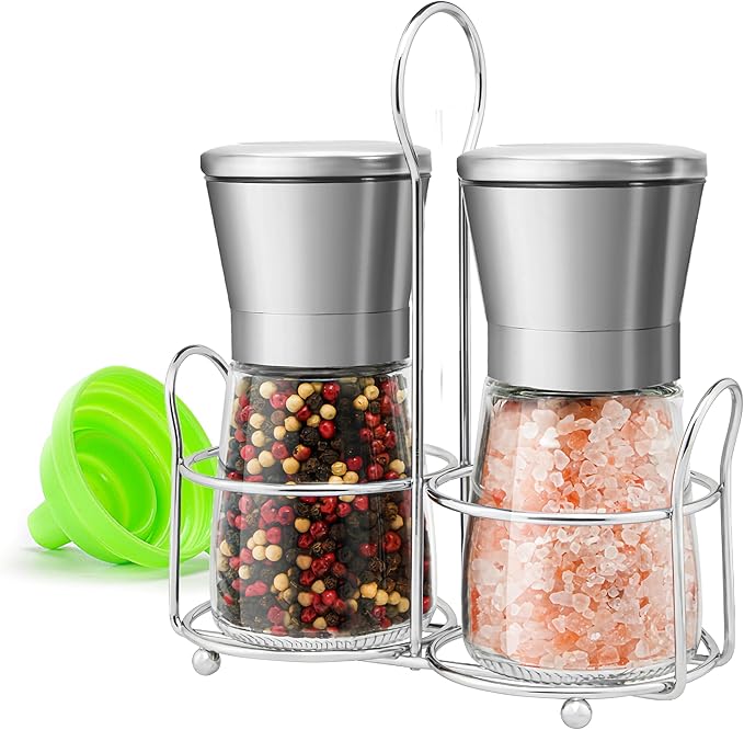 Stainless Steel Salt and Pepper Grinder Set - Short Glass Shaker, Pepper Mill & Salt Mill with Adjustable Coarseness, Refillable for Himalayan or Sea Salt, Black Peppercorn, with Bonus Stand