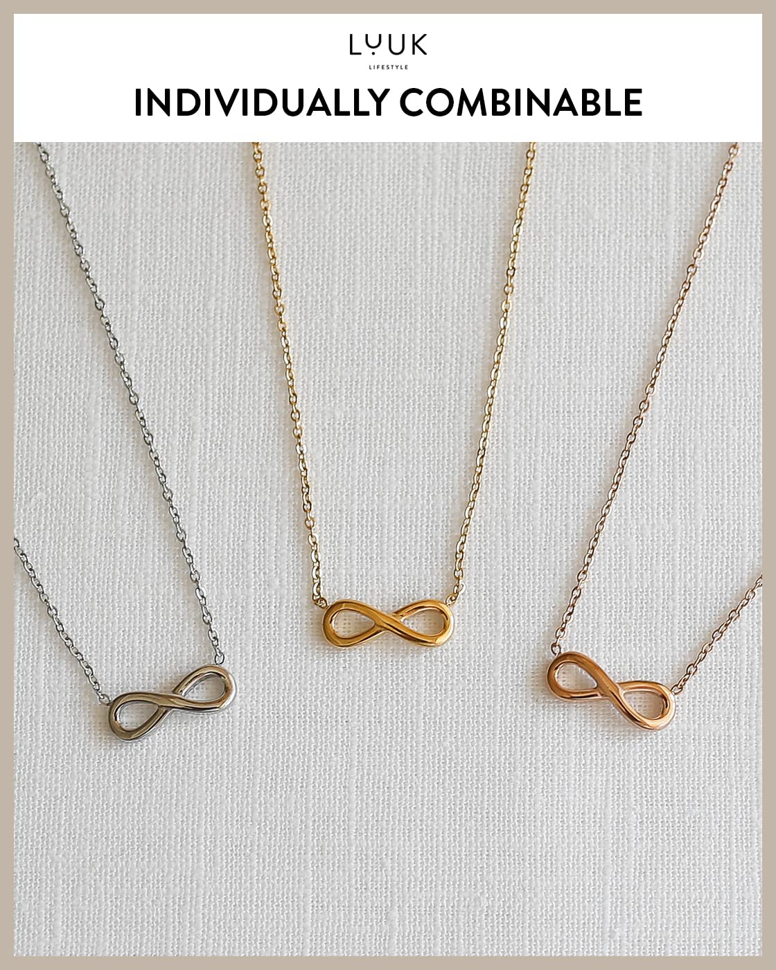 LUUK LIFESTYLE Necklace for women with Infinity pendant and HAPPINESS gift card, modern and minimalist fashion accessory, jewelry to offer, girlfriend, loved one, proof of infinite love, gold