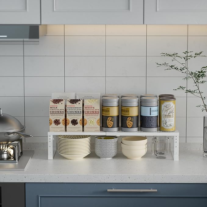 Expandable Spice Rack Kitchen Cabinet Shelf Organizer, Stackable Storage Shelves Racks, Adjustable Counter Shelving for Cabinets, Countertop, Cupboard,Pantry and More(2Packs/White/Large)