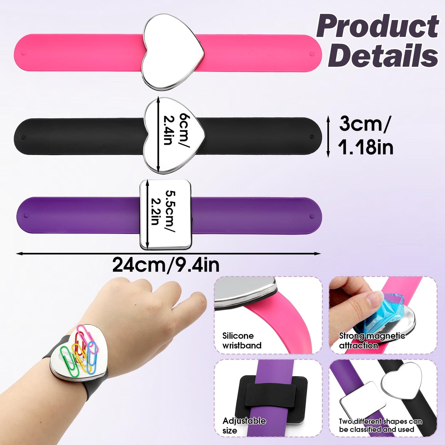 Magnetic Pin Cushion Wristband 3-Pack, Adjustable Wrist Pin Holder with Strong Magnets, Hands-Free Wrist Pin Cushion for Sewing, Quilting, Bobby Pins & Hair Styling, Skin-Friendly Silicone Strap