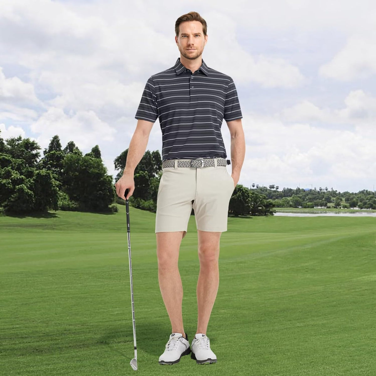 Rouen Mens Golf Shirt Moisture Wicking Dry Fit Performance Stripe Casual Collared Short Sleeve Golf Polo Shirts for Men