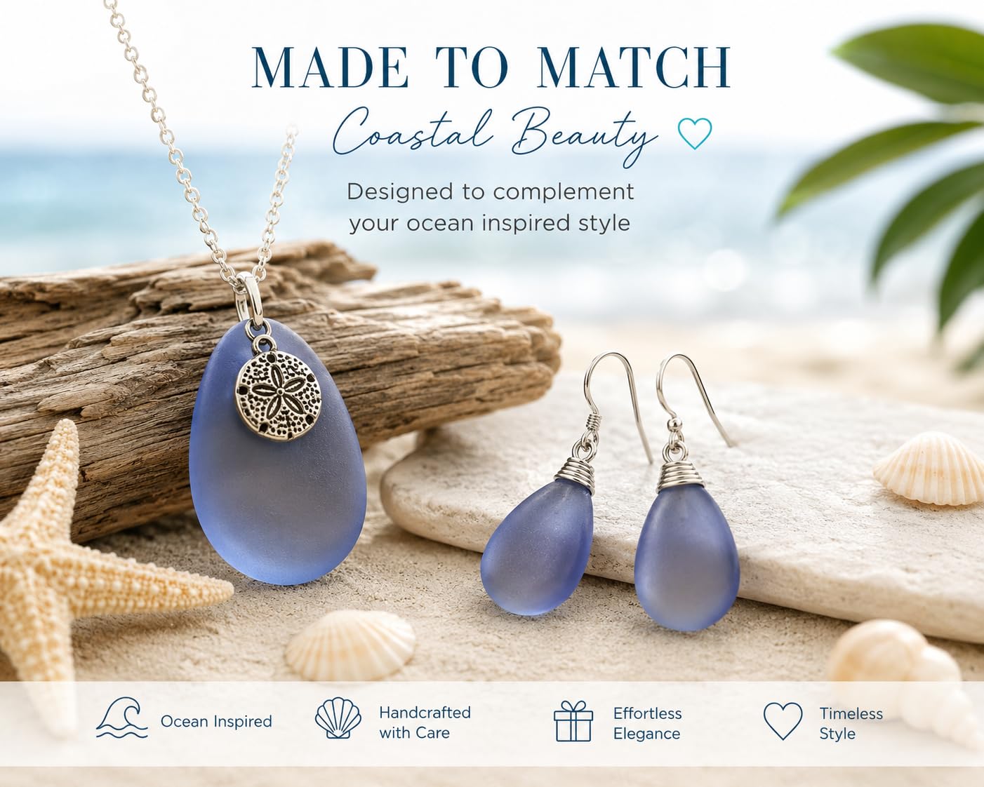 Sterling Silver Sand Dollar Necklace with Blue Sea Glass – Beach Jewelry for Women – Ocean Pendant Gift – Adjustable 18–20" Chain
